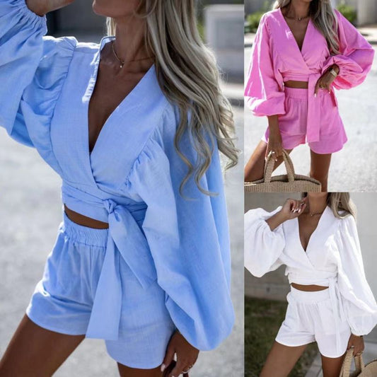 Ensemble décontracté à lacets et col en V pour femme