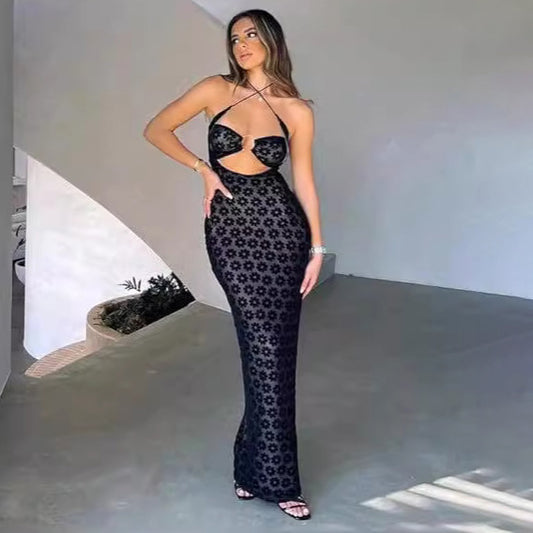 Vestido sexy con cuello halter y perspectiva hueca con estampado a la moda para mujer