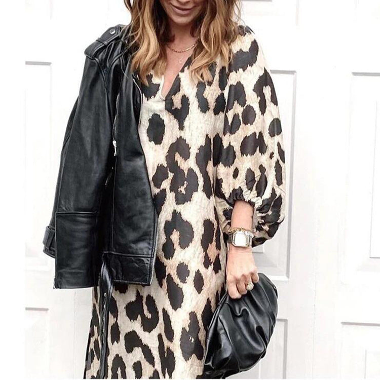 Vestido informal de leopardo con cuello en V y mangas abullonadas para mujer
