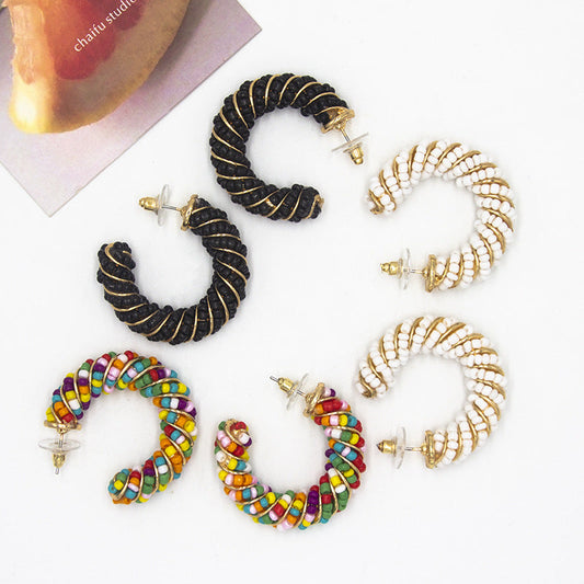 Bohemian Alloy Rice Beads C-Shaped Earrings