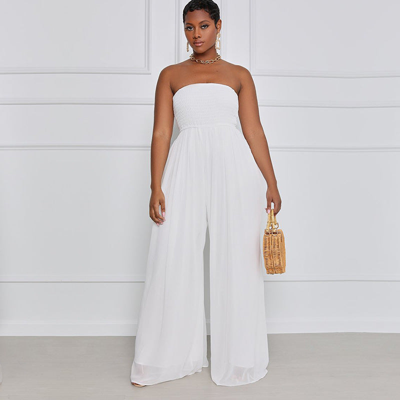 Women Fashion Casual Solid Color Chiffon Sleeveless Wide Leg Jumpsuit