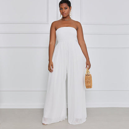 Women Fashion Casual Solid Color Chiffon Sleeveless Wide Leg Jumpsuit