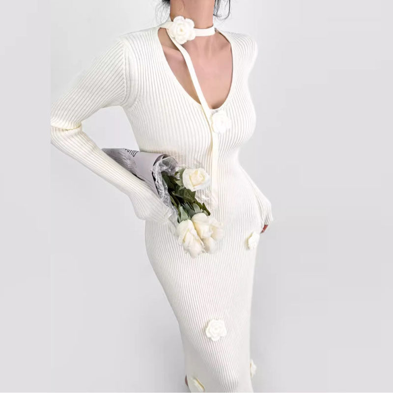 Vestido midi de punto con mangas largas y cuello en V para mujer