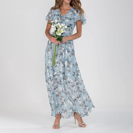 Women Fashion Casual Flower Printed Chiffon Dress
