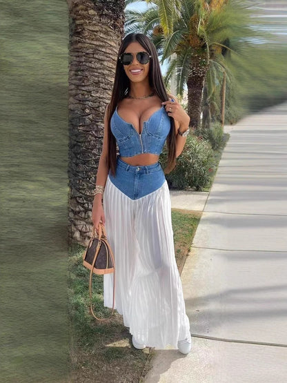 Women Fashion Sexy V-Neck Camisole Denim Chiffon Set