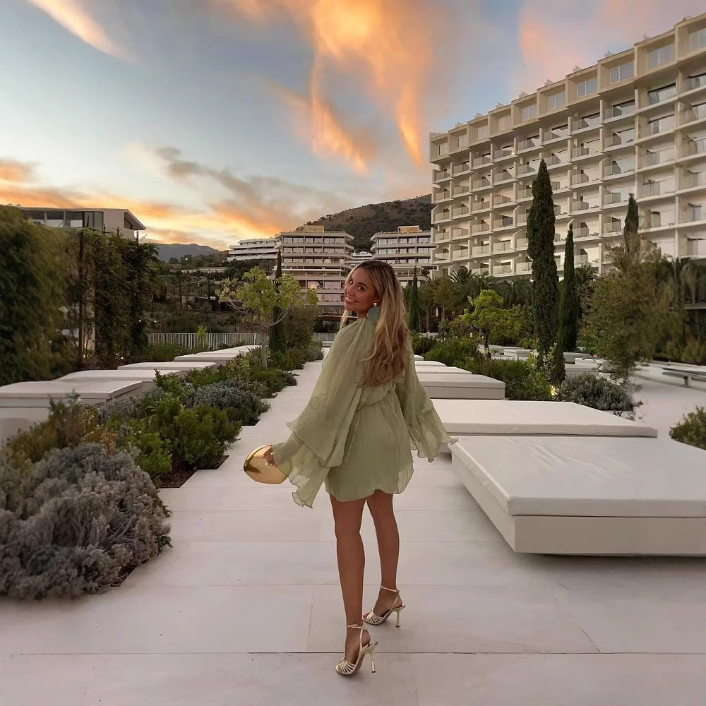 Vestido mini de verano con volantes y manga larga para playa para mujer