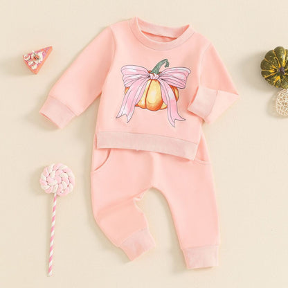 Kids Baby Girls Halloween Pumpkin Print Cotton Two-Piece Set