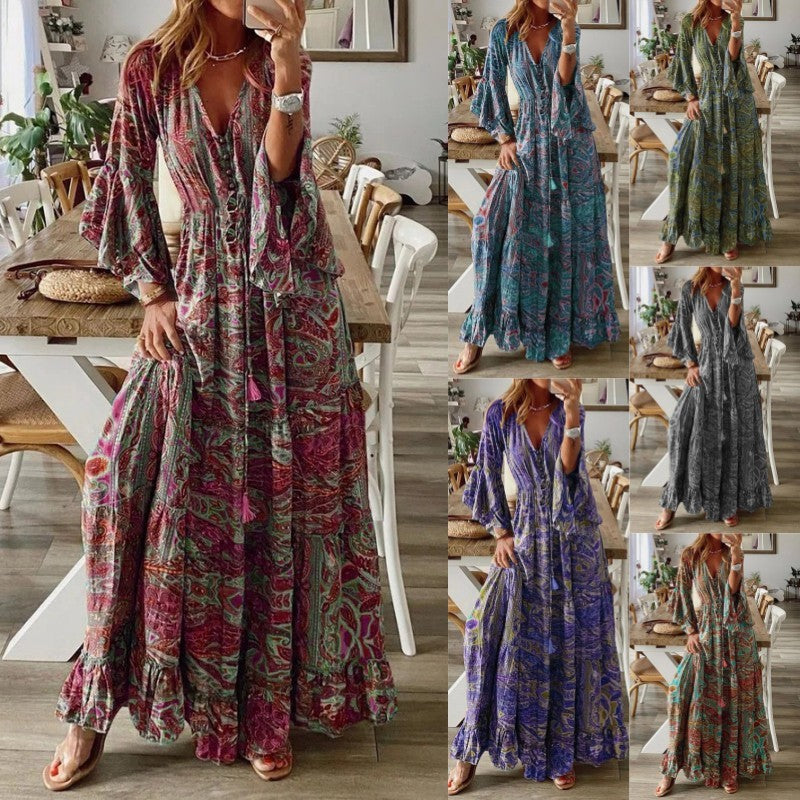 Women Fashion Casual Bohemian Tiny Flower Print V-Neck Horn Sleeve Maxi Dress