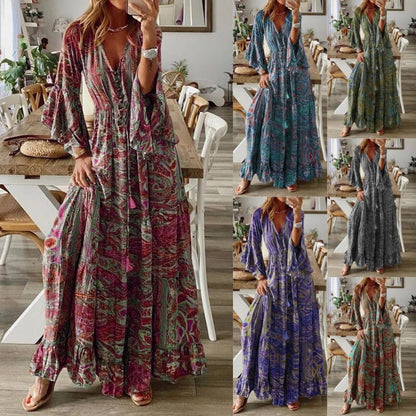 Women Fashion Casual Bohemian Tiny Flower Print V-Neck Horn Sleeve Maxi Dress