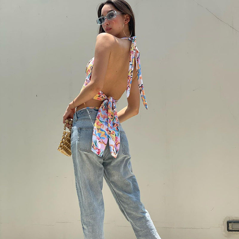 Women Fashion Sexy Characters Printed Halter-Neck Backless Crop Top