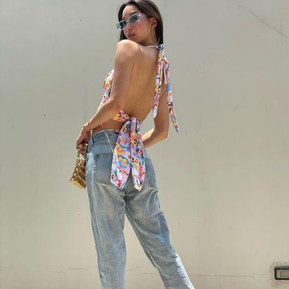 Women Fashion Sexy Characters Printed Halter-Neck Backless Crop Top