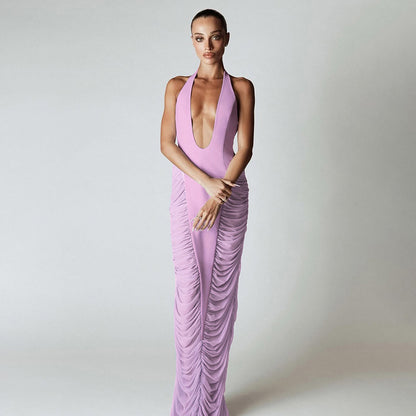 Vestido maxi ajustado de malla con escote en V profundo y color sólido sexy para mujer