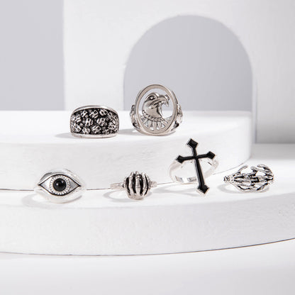 Men Fashion Exaggerated Punk Cross Skull Ring Six-Piece Set