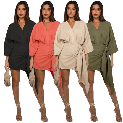 Robe mi-longue en lin à col en V et manches bouffantes pour femme