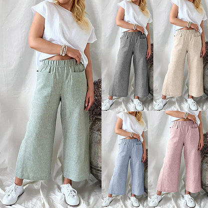Pantalones casuales de lino y algodón a rayas de pierna ancha para mujer