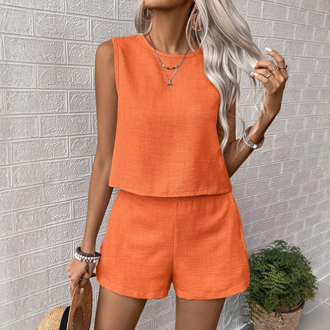 Women Casual Simple Solid Color Sleeveless Tank Top Shorts Set