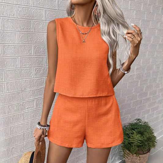 Women Casual Simple Solid Color Sleeveless Tank Top Shorts Set
