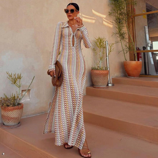 Women Bohemian Crochet Cutout V-Neck Side Slit Maxi Dress
