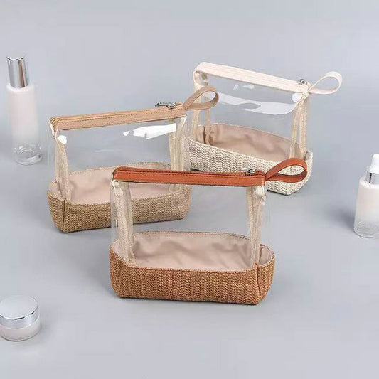 Bolsa de cosméticos portátil de paja para mujer