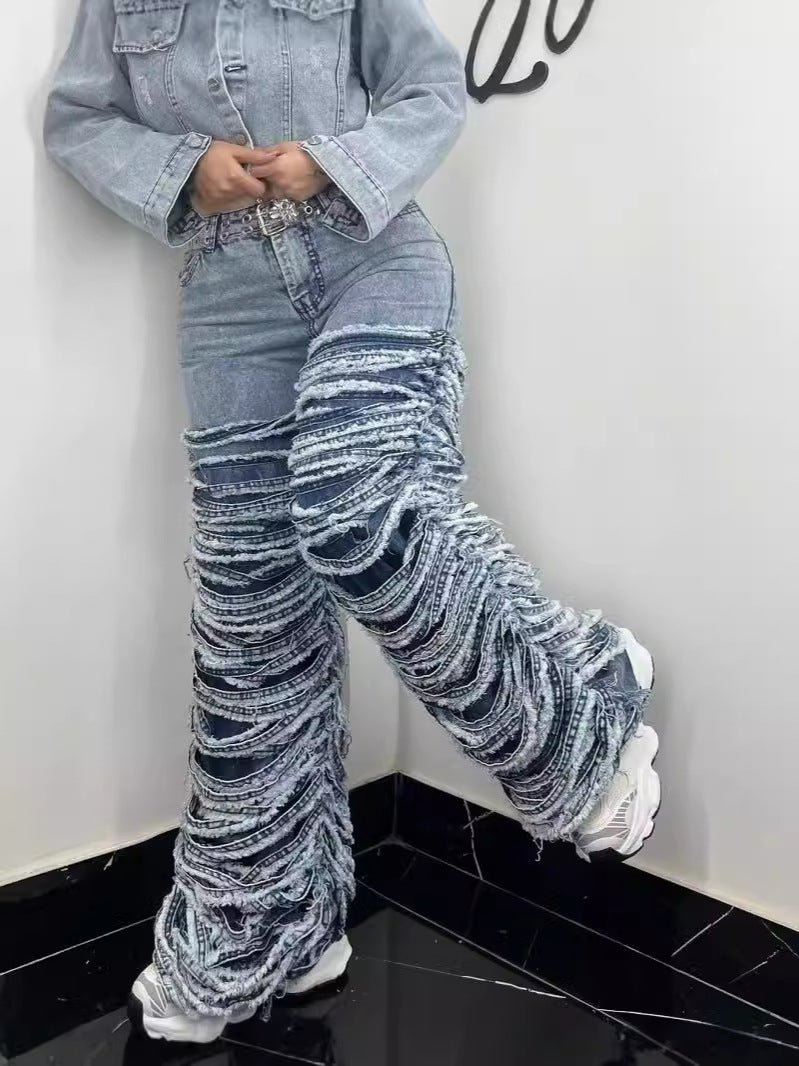Women Fashion Edge Ripped Jeans Dark Blue Straight Leg Pants