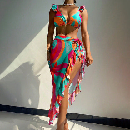 Traje de baño sexy con estampado multicolor para mujer, conjunto de tres piezas