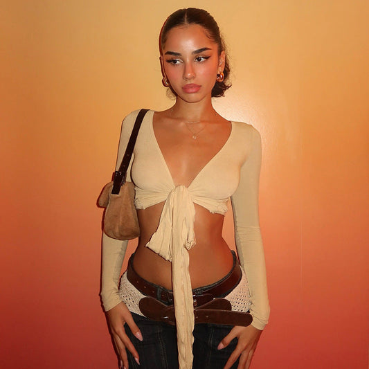 Women Fashion Sexy V-Neck Long Sleeve Lace-Up Slim-Fit Crop Top