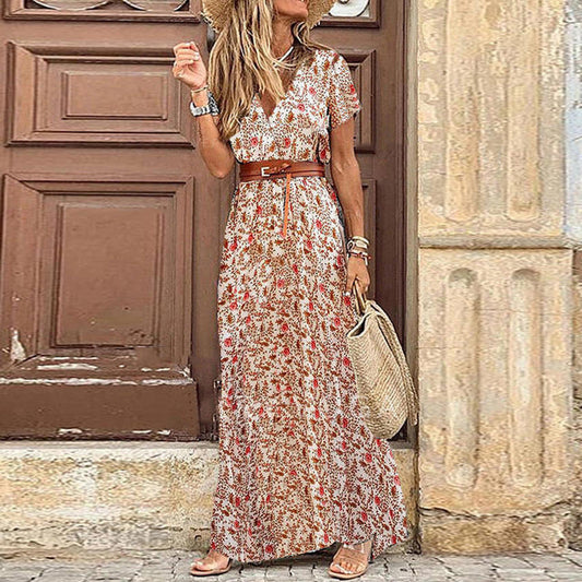 Women Fashion Bohemian V-Neck Tiny Flower Print Short Sleeve Maxi Dress