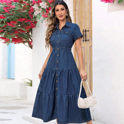Vestido vaquero informal de manga corta con solapa para mujer