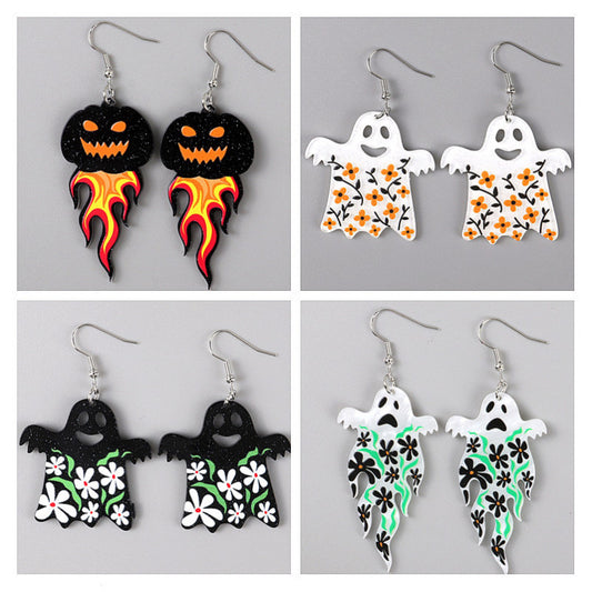 Halloween Women Horror Funny Flame Ghost Skull Earrings