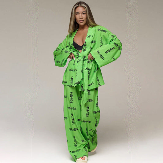 Women Loose Casual Fashion Printed Silk Pajamas Set