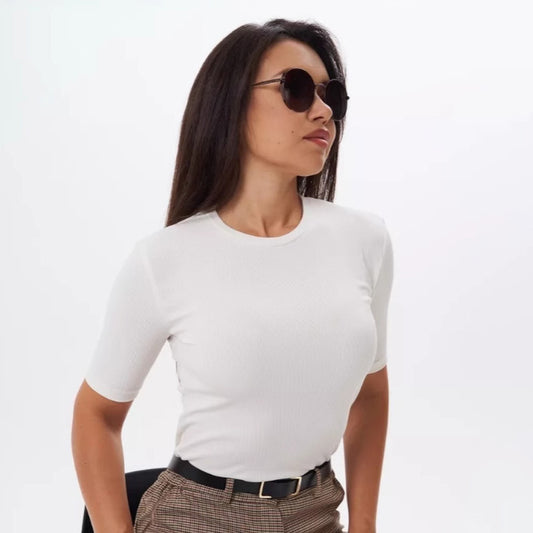 Women Fashion Solid Color Elastic Short Sleeve T-Shirt