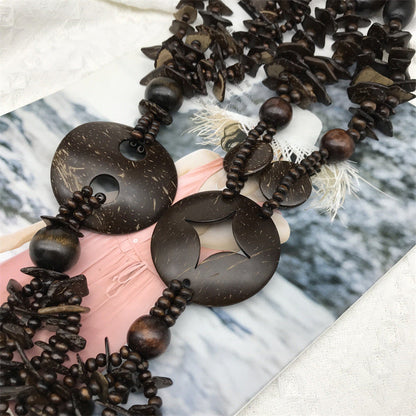 Unisex Bohemian Coir Wood Beaded Lariat Necklace