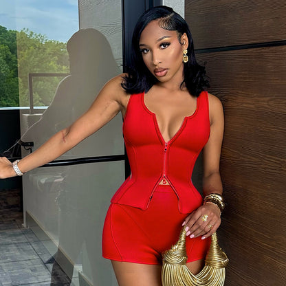 Women Fashion Sleeveless Zipper Tank Top and Tight Shorts Two-Piece Set