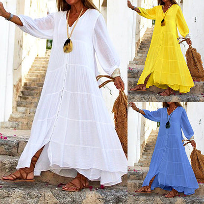 Vestido largo bohemio de verano para mujer, informal, de color liso, con escote en V y manga larga