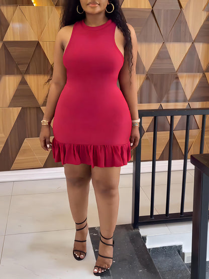 Vestido de cuello redondo con volantes de color liso a la moda para mujer