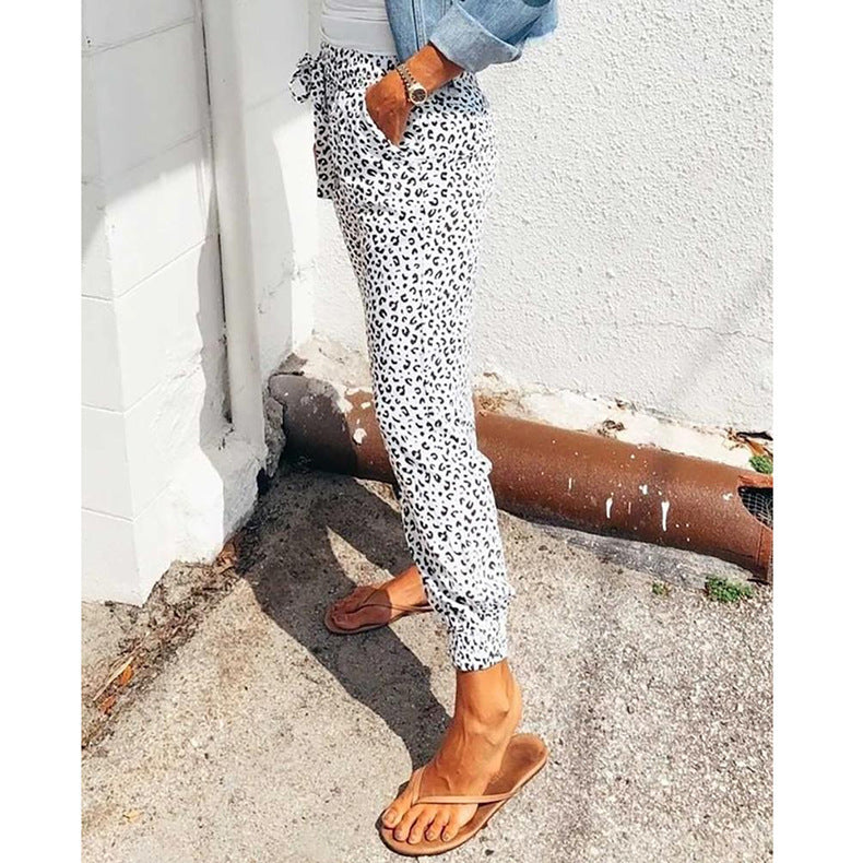 Women Fashion Casual Leopard Loose Lace-Up Pants