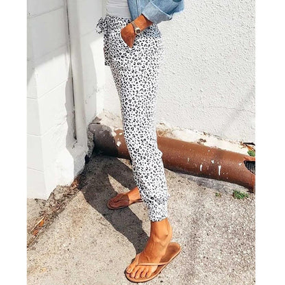 Women Fashion Casual Leopard Loose Lace-Up Pants