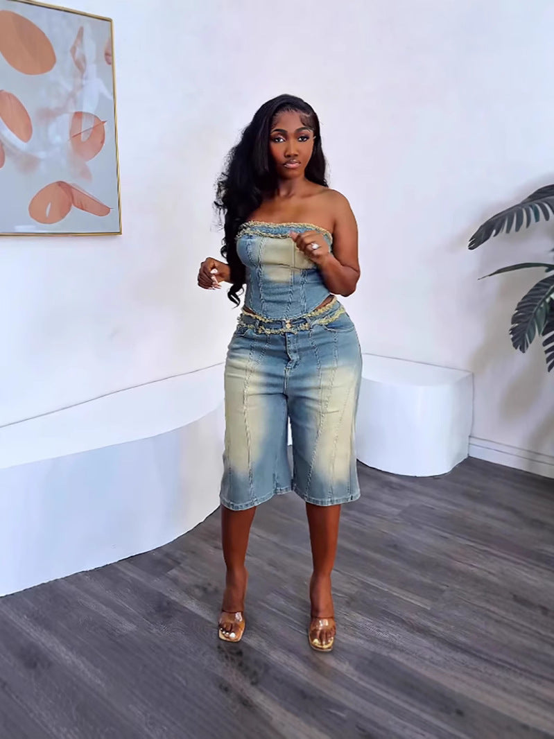 Ensemble deux pièces en jean pour femme avec short taille haute et haut