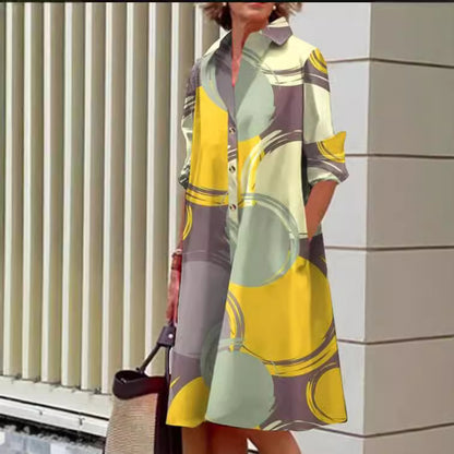 Vestido informal de manga larga con solapa y estampado para mujer