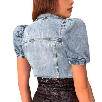 Chaqueta vaquera retro informal con mangas abullonadas rasgadas para mujer