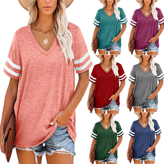 Camiseta de verano para mujer, sencilla, de rayas, con cuello en V y manga corta en blanco