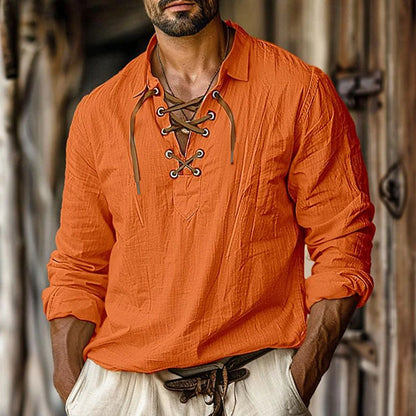 Camisa informal de lino liso con cuello en V y mangas largas para hombre