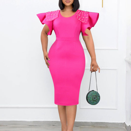 Women Fashion Elegant Plus Size Solid Color Dress