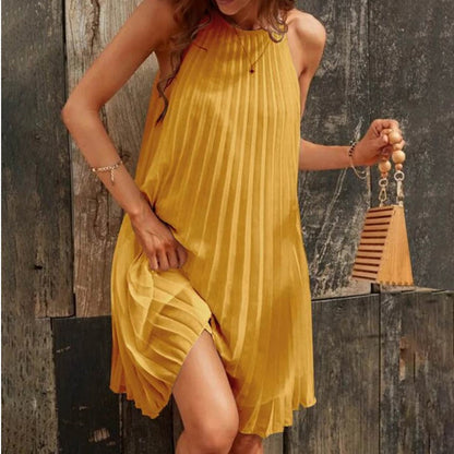 Women Fashion Elegant Solid Color Pleated Dress