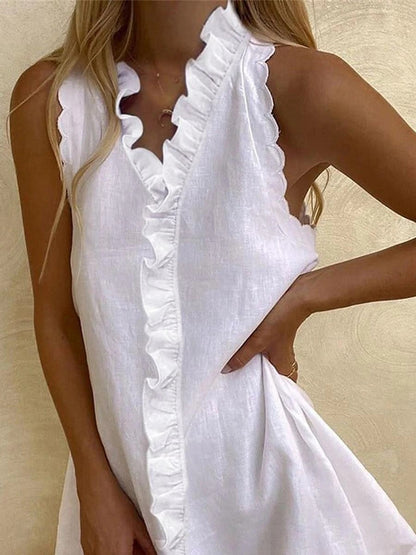 Vestido informal de lino y algodón para mujer, color liso, sin mangas y con volantes