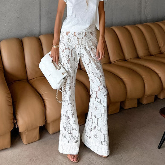 Pantalon évasé ajouré en dentelle jacquard sexy pour femme