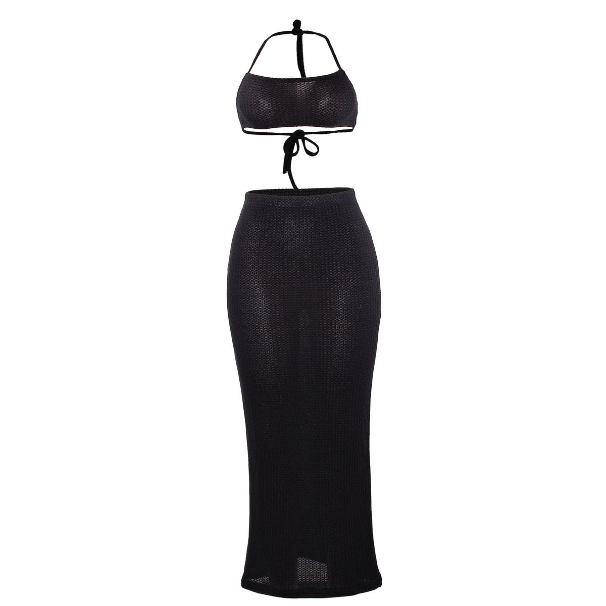 Women Fashion Waffle Crop Top and High Waist Skirt Set