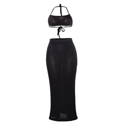Women Fashion Waffle Crop Top and High Waist Skirt Set