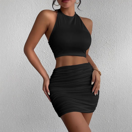 Ensemble haut court et jupe sexy à col licou et couleur unie pour femme