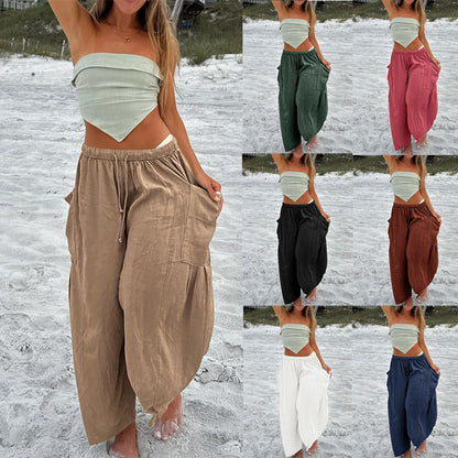 Casual Women Elastic Waist Pleated Wide Leg Pants
